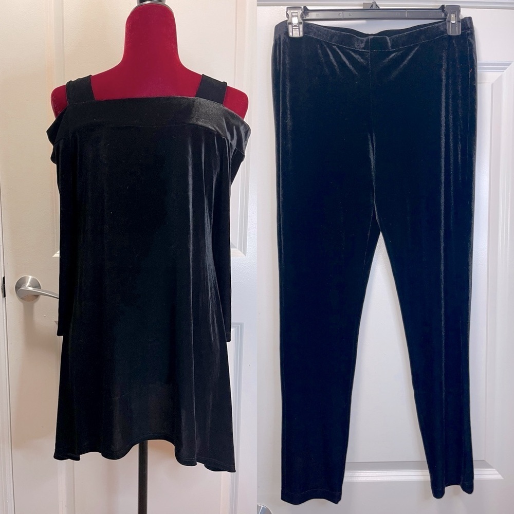 Kate & Mallory Designs Velvet Set. Shark Bite Hem, Cold Shoulder Top & Pant